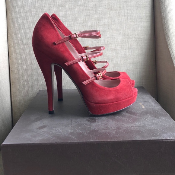 Gucci Shoes - Brand NEW! Gucci red suede triple strap heel Gucci Shoes - Brand NEW! Gucci red suede triple strap heel